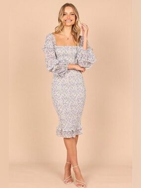 Petal & Pup Bonita Shirred Frill Long Sleeve Bodycon Midi Dress. Size 6